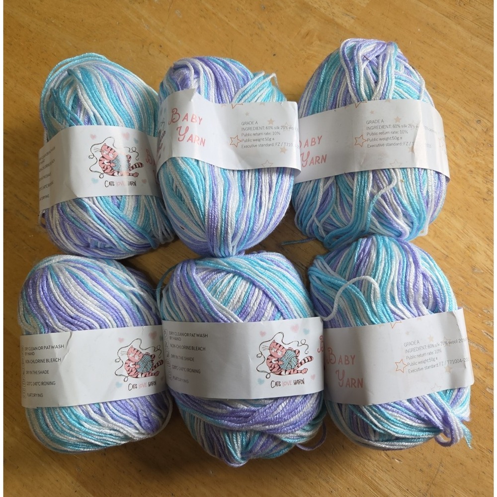 Lot of 6 Skeins Baby Yarn Variegated Purple White Blue Silk Cashmere Wool 300g